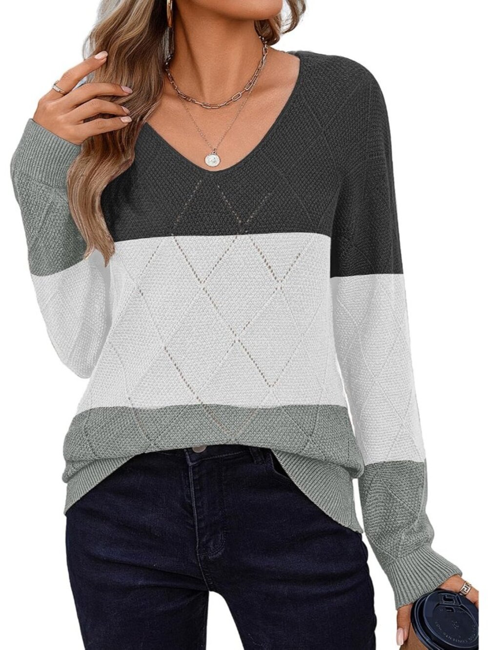 🆕 Women's Gray White Long Sleeve V Neck Lightweight Fall Crochet Knit Sweater